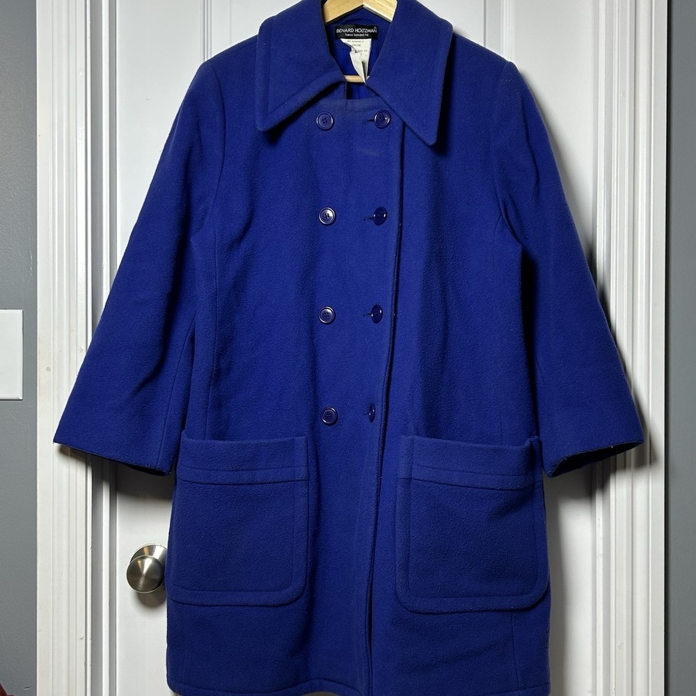 Harvé‎ Benard Vintage 80s 100% Wool Royal Cobalt Blue Double Breasted Midi Coat